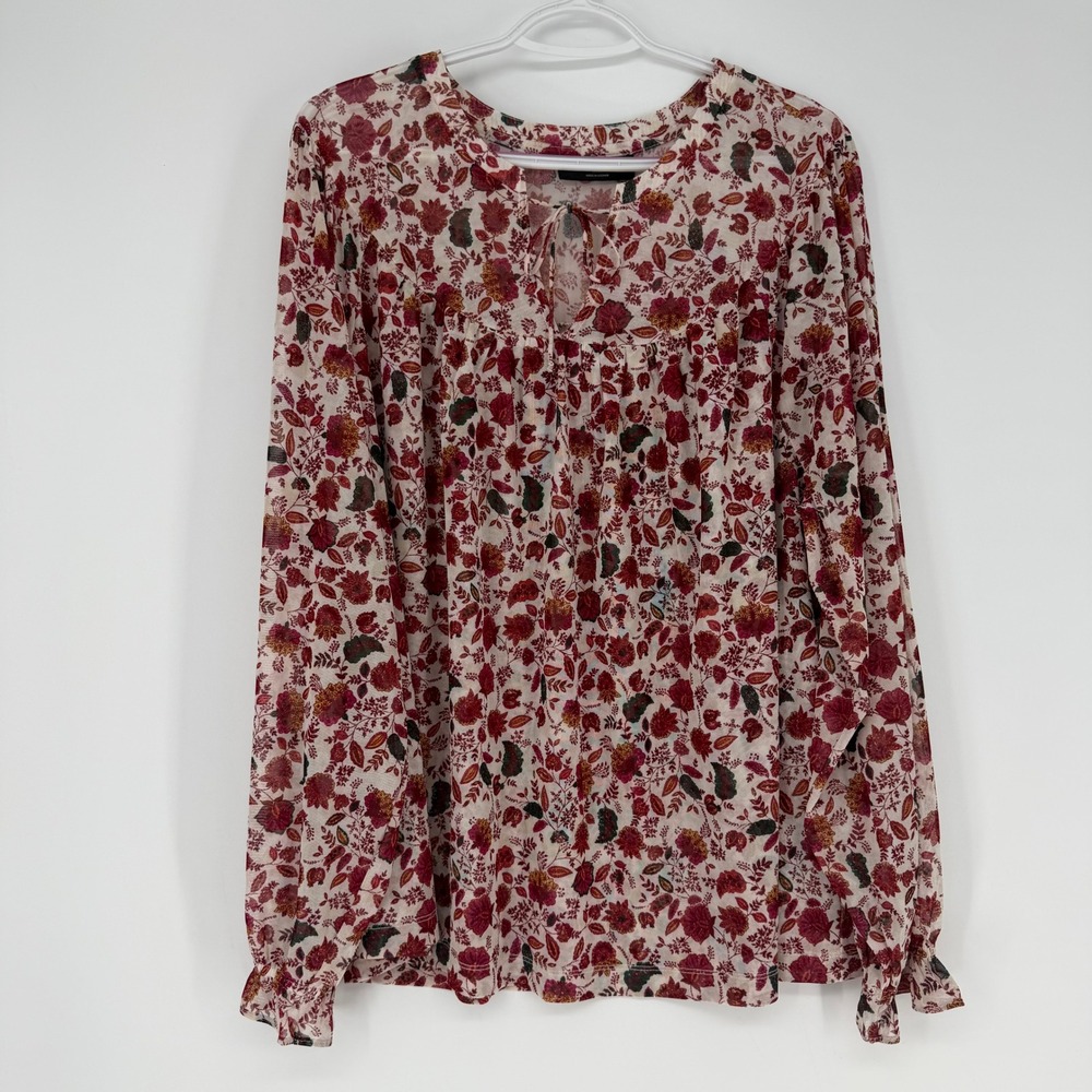 Lane Bryant Blouse Women 18/20 Red Floral Mesh Tie Neck Boho Peasant Cottagecore